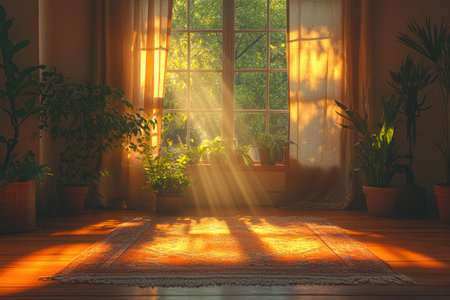 Sunlight shines through the window in the morning. 3d renderingの素材