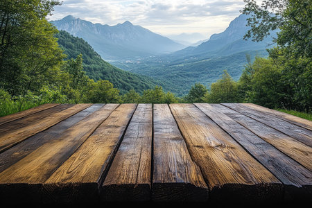 Wooden table in front of mountains. View from the top.の素材