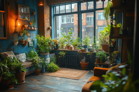 Interior of a cozy room in loft style with plants in potsの素材