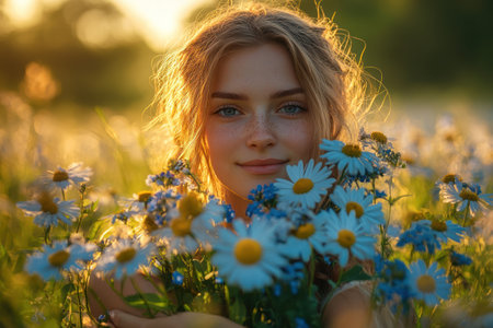 Beautiful young woman in a field of daisies at sunsetの素材