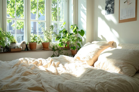 A peaceful bedroom with soft bedding and a calm ambiance, designed to create a relaxing and cozy environment ideal for rest and rejuvenation.の素材