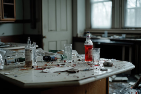 Messy kitchen filled with party aftermath, spilled bottles, trash, open drinks, and a completely disorganized surface after a heavy night celebration.の素材