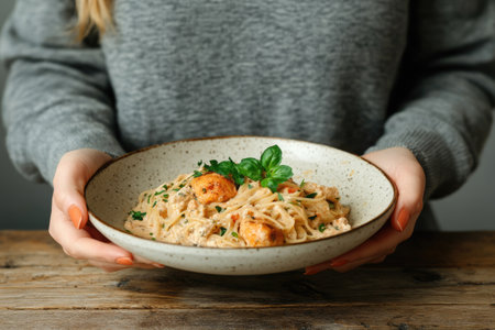 Close-up of ceramic plate with healthy food held by woman wearing gray knitted sweater, wooden table background.の素材