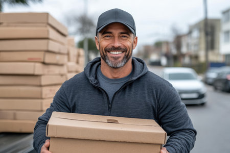 Photos of a man holding a package, working in parcel delivery service, concept of transportation and cargo delivery. Ai generated Ai generatedの素材