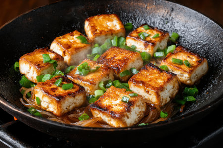 Fried tofu with green onions in a cast-iron frying panの素材