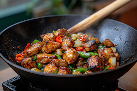 Stir-fried pork with chili and basil in a wokの素材