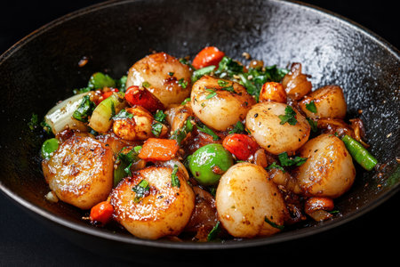 Fried scallops with vegetables in a frying pan on a black backgroundの素材