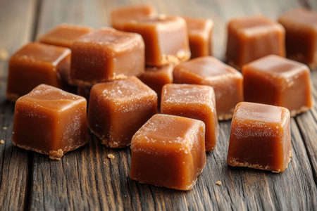 Caramel toffee candies displayed on a wooden table with a warm, rustic atmosphere. AI generatedの素材