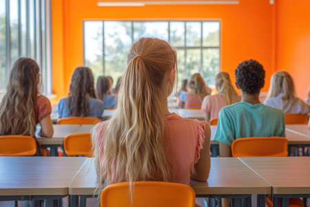 Students sitting at desks in a bright, modern classroom, engaged in a lesson or individual work. AI generatedの素材