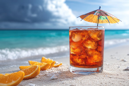 A refreshing summer drink with a festive cocktail umbrella, placed on a sandy beach with turquoise water in the background. AI generatedの素材