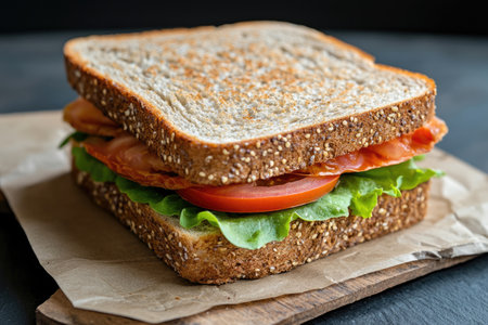 Freshly made picnic sandwiches with ripe tomato slices and crisp lettuce, prepared for an outdoor meal. AI generatedの素材