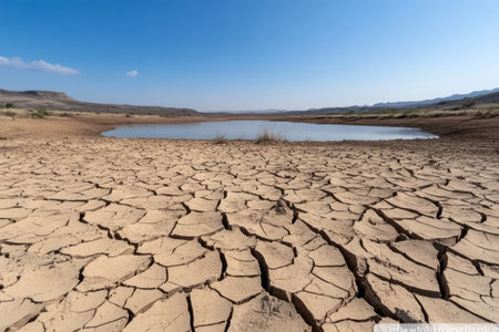 Unrelenting heat has left a lake completely dried up, revealing a stark landscape of cracked earth with no water remaining.の素材