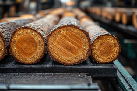 Stacks of timber logs ready for processing in a furniture manufacturing plant, showcasing raw materials in an industrial setting.の素材