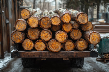 Neat stacks of timber logs prepared and ready for transport to a furniture manufacturing facility, organized in a storage yard.の素材