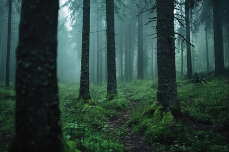 A serene forest background featuring a winding path with sun rays filtering through the dense canopy of leaves.の素材