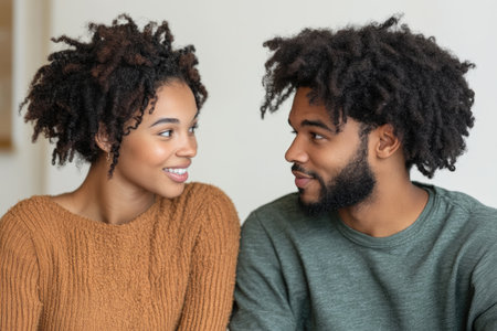 A caring couple engaged in a serious and intimate discussion about family planning options in a comfortable home environment.の素材