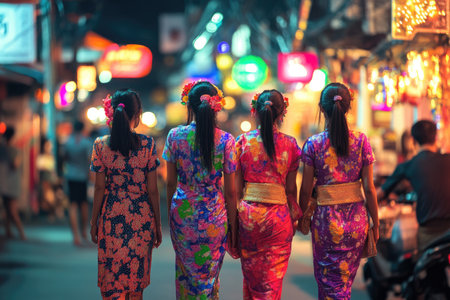 Thai women dancing and socializing on vibrant streets near clubs, illuminated by dynamic city lights at night.の素材