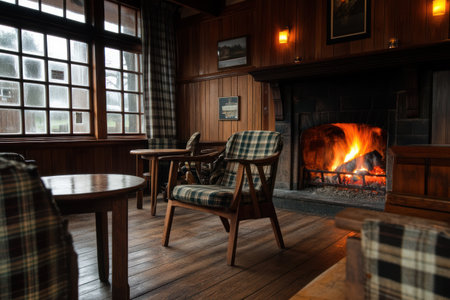 A traditional cozy Scottish pub interior with a roaring fireplace, wooden furniture, and rustic atmosphere.の素材