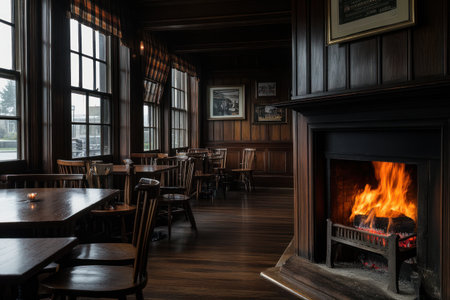 A traditional cozy Scottish pub interior with a roaring fireplace, wooden furniture, and rustic atmosphere.の素材