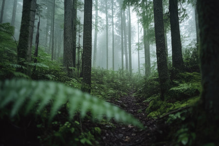 A serene forest background featuring a winding path with sun rays filtering through the dense canopy of leaves.の素材