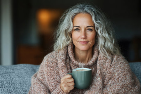 A cozy winter moment with a middle-aged woman sipping coffee under a soft blanket in a warm living room.の素材