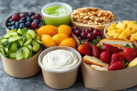 Close-up view of a tasty picnic spread featuring fresh sandwiches, colorful fruit, and refreshing drinks on a checkered blanket.の素材
