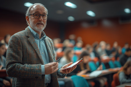 Professor giving a lecture to students in a university classroom. Scenes include teaching at whiteboards, presentations, student engagement, note-taking, Q&A sessions, and the academic atmosphere of a lecture hall or classroom.の素材