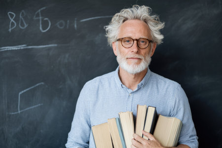 Professor holding books and teaching in front of a blackboard. Academic scene showing instruction, explanation, and traditional teaching tools in a classroom.の素材