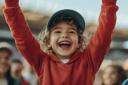 Child celebrating a sports victory with family and coach. Emotional and joyful moments of triumph: hugs, trophies, medals, and shared pride in a competitive setting.の素材