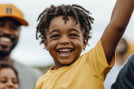 Child celebrating a sports victory with family and coach. Emotional and joyful moments of triumph: hugs, trophies, medals, and shared pride in a competitive setting.の素材