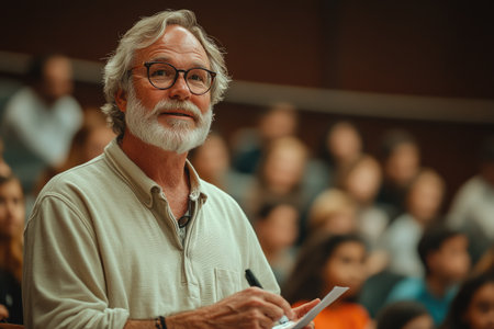Professor giving a lecture to students in a university classroom. Scenes include teaching at whiteboards, presentations, student engagement, note-taking, Q&A sessions, and the academic atmosphere of a lecture hall or classroom.の素材