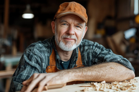 Carpenter shaping and working with wood for furniture manufacturing in a workshop. Shows traditional and modern techniques: planning, sanding, measuring, cutting on bandsaw and lathe, joinery, and assembly. Focus on skills, tools, and material.の素材