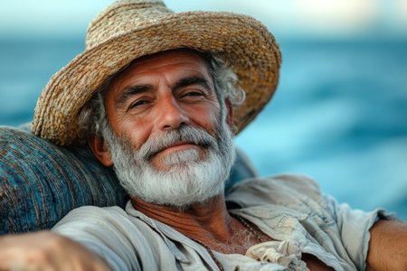 Fisherman relaxing on a boat while fishing. Peaceful scenes of leisure fishing on calm water, showing waiting, patience, and enjoyment of nature.の素材