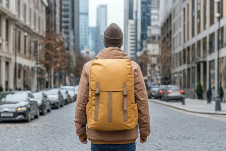 Delivery person with a large insulated food backpack walking in the city. Shows urban delivery work: walking on sidewalks, checking phone for orders, and carrying branded bags.の素材