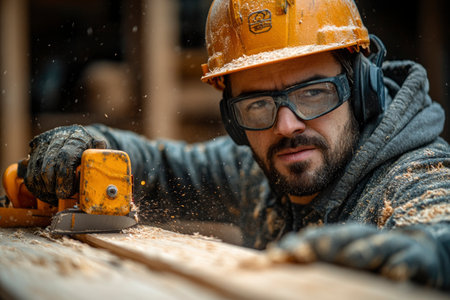 Carpenter shaping and working with wood for furniture manufacturing in a workshop. Shows traditional and modern techniques: planning, sanding, measuring, cutting on bandsaw and lathe, joinery, and assembly. Focus on skills, tools, and material.の素材