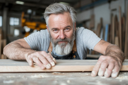 Carpenter shaping and working with wood for furniture manufacturing in a workshop. Shows traditional and modern techniques: planning, sanding, measuring, cutting on bandsaw and lathe, joinery, and assembly. Focus on skills, tools, and material.の素材