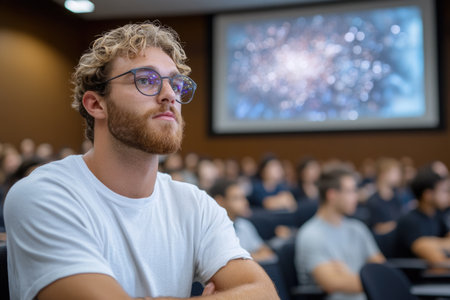 Close-up portraits of a professor with glasses giving a lecture in a classroom. Focus on facial expressions, engagement, thoughtfulness, and the intellectual atmosphere of teaching.の素材