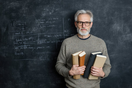 Professor holding books and teaching in front of a blackboard. Academic scene showing instruction, explanation, and traditional teaching tools in a classroom.の素材
