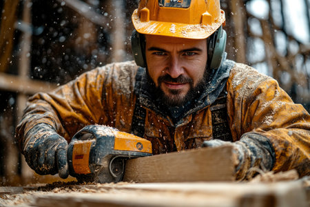 Carpenter shaping and working with wood for furniture manufacturing in a workshop. Shows traditional and modern techniques: planing, sanding, measuring, cutting on bandsaw and lathe, joinery, and assembly. Focus on skill, tools, and material.の素材