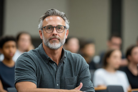 Close-up portraits of a professor with glasses giving a lecture in a classroom. Focus on facial expressions, engagement, thoughtfulness, and the intellectual atmosphere of teaching.の素材