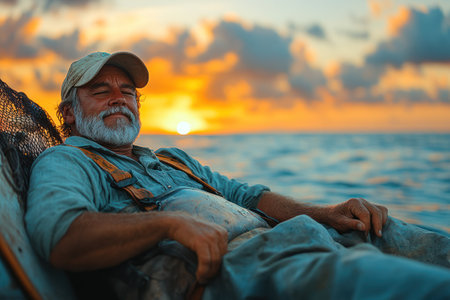 Fisherman relaxing on a boat while fishing. Peaceful scenes of leisure fishing on calm water, showing waiting, patience, and enjoyment of nature.の素材