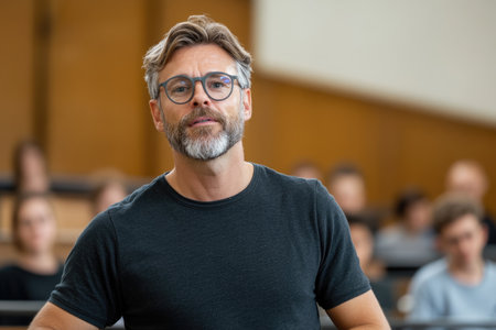 Professor giving a lecture to students in a university classroom. Scenes include teaching at whiteboards, presentations, student engagement, note-taking, Q&A sessions, and the academic atmosphere of a lecture hall or classroom.の素材