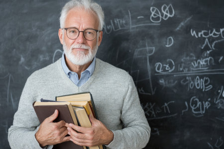 Professor holding books and teaching in front of a blackboard. Academic scene showing instruction, explanation, and traditional teaching tools in a classroom.の素材