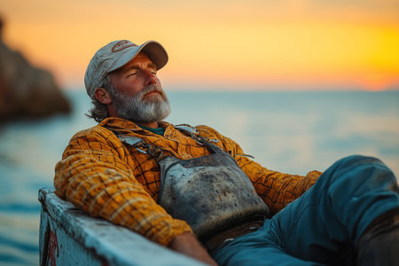 Fisherman relaxing on a boat while fishing. Peaceful scenes of leisure fishing on calm water, showing waiting, patience, and enjoyment of nature.の素材