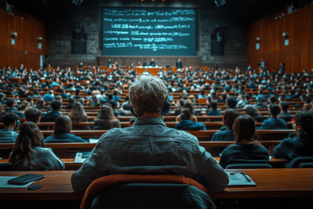 Professor in a lecture hall explaining complex concepts to students. Focus on teaching advanced material using visual aids like diagrams, charts, and presentations.の素材