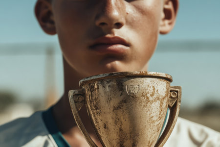 Close-up of a young athlete's trophy after victory. Focus on the shiny award contrasted with tired, dirty hands or a blurred celebratory background.の素材
