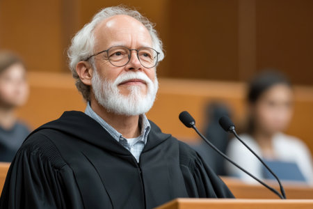 Professor in traditional academic robes giving a lecture or formal speech. Ceremonial or graduation setting with gown, possibly in a university hall or auditorium.の素材