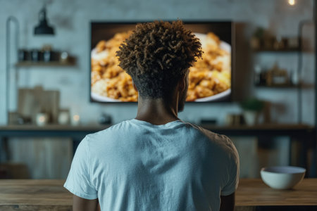 Person looking longingly or hungrily at appetizing food shown in a TV commercial, highlighting desire and advertising impact.の素材