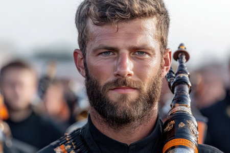 Scottish bagpipes and drums played by musicians in traditional Highland dress at a Highland Games event or parade.の素材