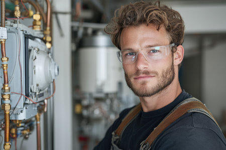 Repairman fixing an office photocopier machine in a modern business center. Shows comprehensive repair: clearing jams, replacing drums/toners, diagnostics, cleaning, calibration, firmware updates, and testing.の素材